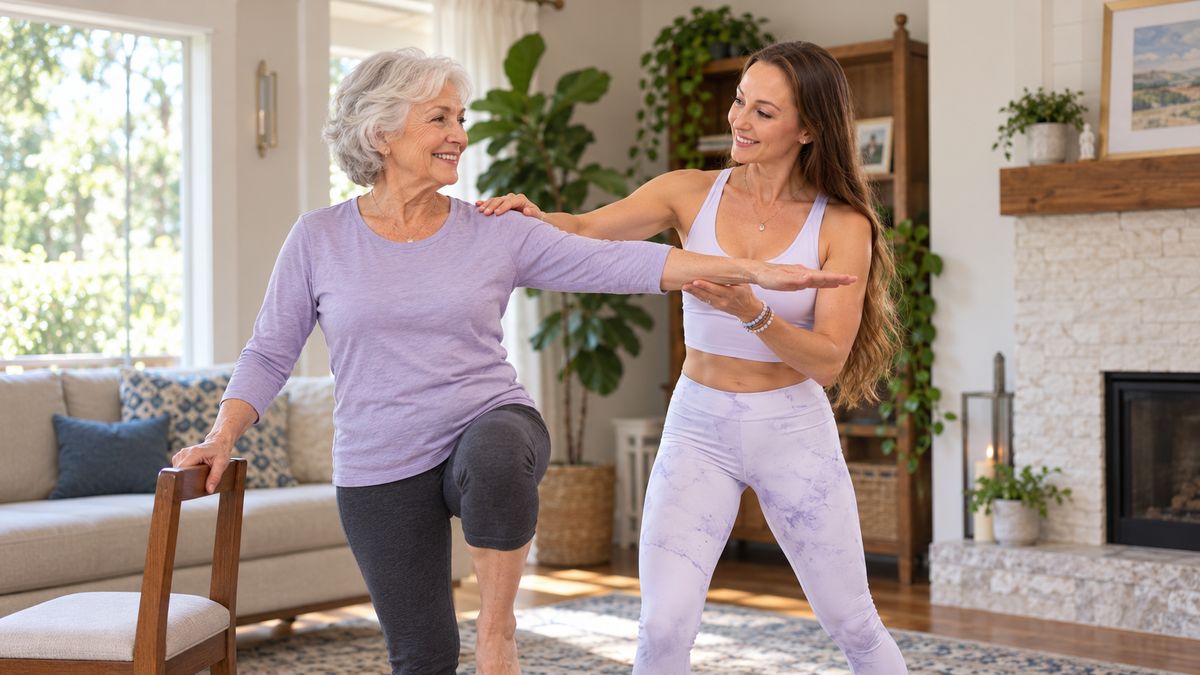 Natalie Tan steadying an older client in a chair-supported standing balance during a private in-home yoga session.