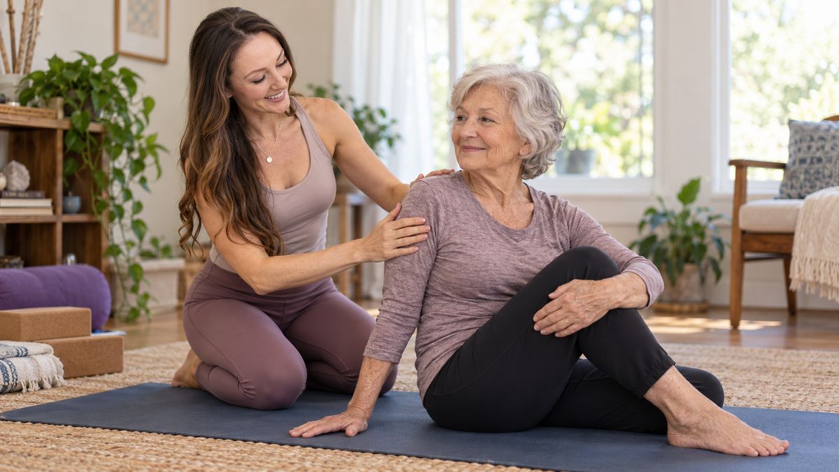 Natalie Tan guiding an older client through a seated spinal twist on a yoga mat during a private in-home yoga session.